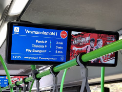 Seuraavan pysäkin näyttö Linkki-linja-auton infonäytöllä. Kuva Katja Kauppila